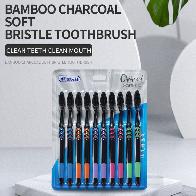 [10 Pieces] Toothbrush Soft Bristle Adult Bamboo Charcoal Household Fine Wool Toothbrush Antibacterial Men and Women Family baby magazin 