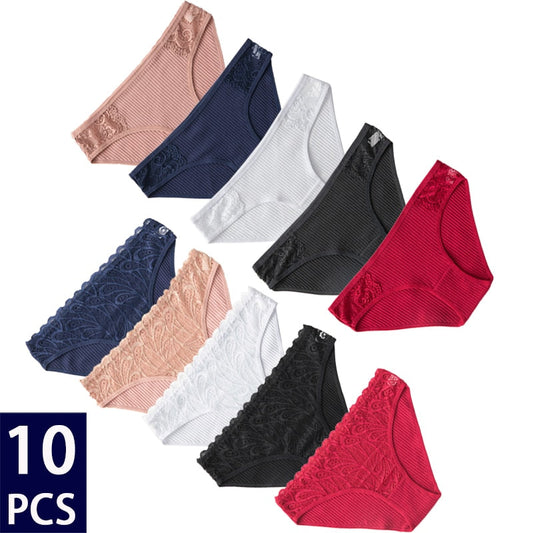 10Pcs/set Cotton Panties Women Sexy Floral Lace Panty Underwear Lingerie Solid Color Female Underpants Intimates Lady 2021 New baby magazin 