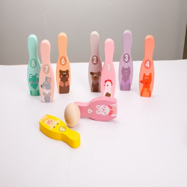 10pcs/Set Wood Baby Animal Bowling Toy Advanced Sports Training Equipment Kids Tactile Hearing Develop Safety Wooden Products baby magazin 
