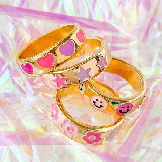 18k gold plated cute lovely pink pinky colorful enamel smile star heart women full finger band ring baby magazin