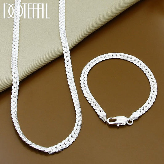 2 Piece 6MM Full Sideways Chain 925 Sterling Silver Necklace Bracelet Fashion Jewelry For Women Men Link Chain Sets Wedding Gift baby magazin 