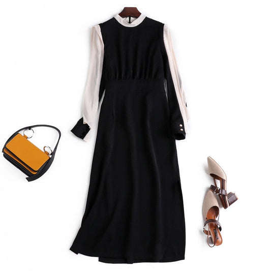 2019 autumn new classic contrast color slim dress round neck long sleeve OL commuter long dresses step female baby magazin 