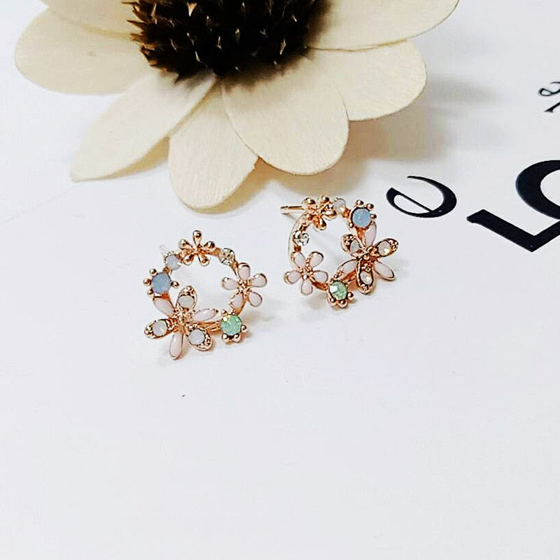 2020 New Arrival Classic Round Pink Green Crystal Stud Earrings Sweet Flower Cirlce Jewelry Fashion Brincos Gift  for women baby magazin 