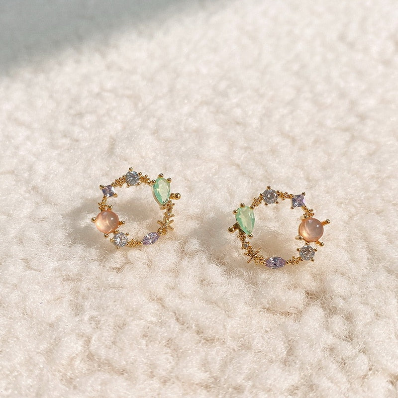 2020 New Arrival Classic Round Pink Green Crystal Stud Earrings Sweet Flower Cirlce Jewelry Fashion Brincos Gift  for women baby magazin 