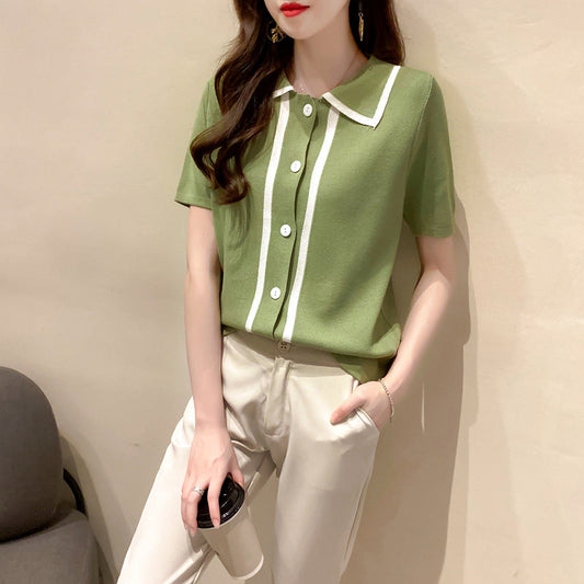 2020 summer new POLO collar ice silk knit short-sleeved T-shirt female INS tide loose tap bottom shirt tide baby magazin 
