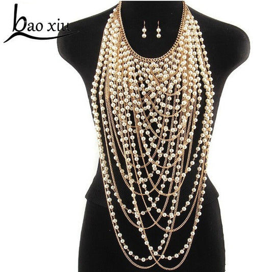 2021 Exaggerated Beaded Super Long Pendants Necklace Women Trendy Pearl Choker Necklace Body Jewelry Gold Shoulder Chain Collar baby magazin 