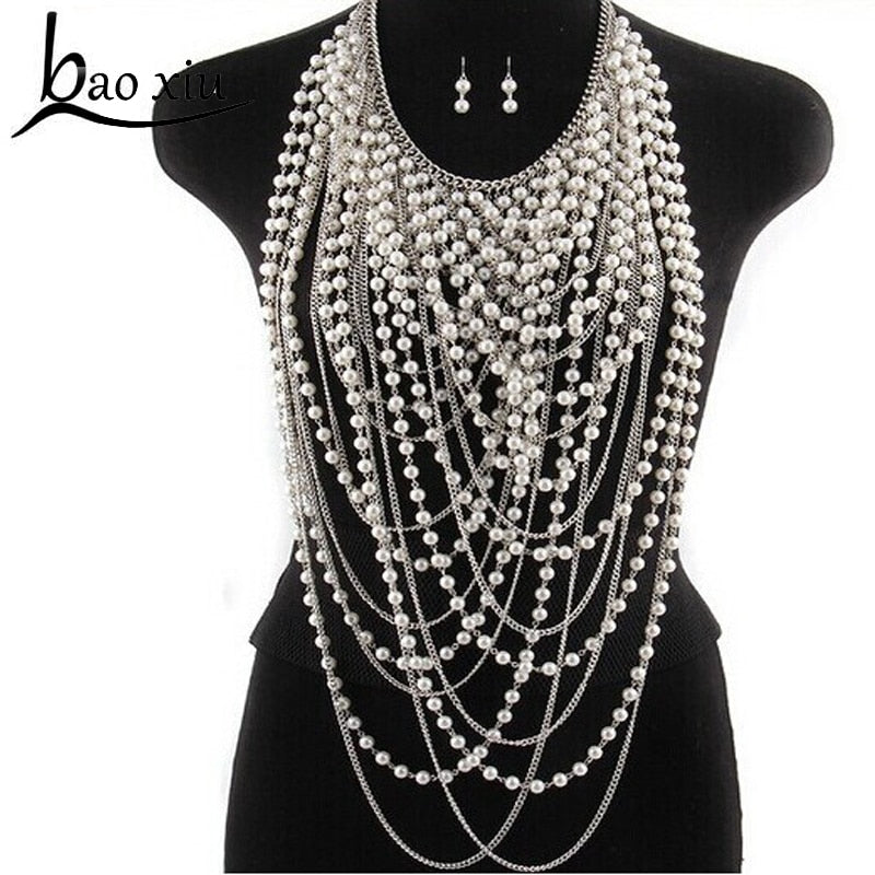 2021 Exaggerated Beaded Super Long Pendants Necklace Women Trendy Pearl Choker Necklace Body Jewelry Gold Shoulder Chain Collar baby magazin 