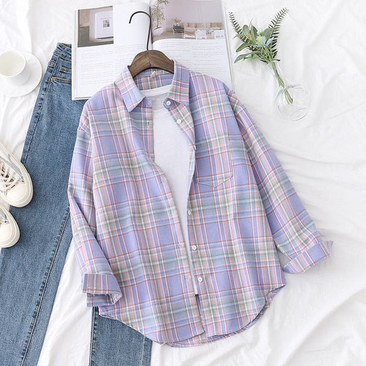 2021 New Long Sleeve Loose Casual Womens Plaid Shirt Fine Fresh College Style Design Blouses And Tops Female Checked Clothes baby magazin 