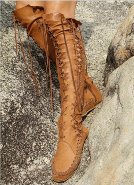 2021 New PU lace up high long boots round head Roman flat women shoes summer Martin boots ladies over the knee boots baby magazin 