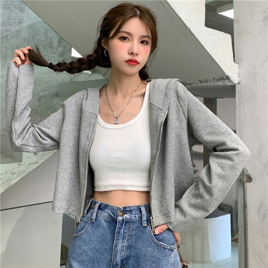 2021 autumn solid color high waist short zipper hooded sweater female loose sports casual cardigan show thin exotic female baby magazin 