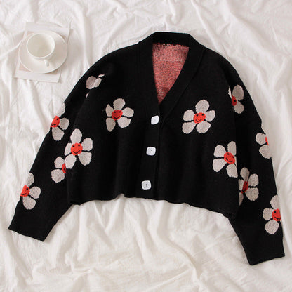 2021 new college wind flower knit jacket loose V-legged spring autumn sweater cardigan women's shirt short baby magazin 