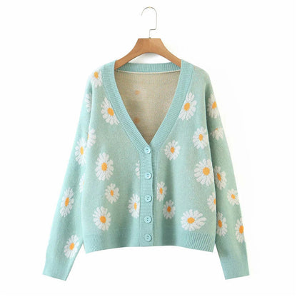 2021 new college wind flower knit jacket loose V-legged spring autumn sweater cardigan women's shirt short baby magazin 