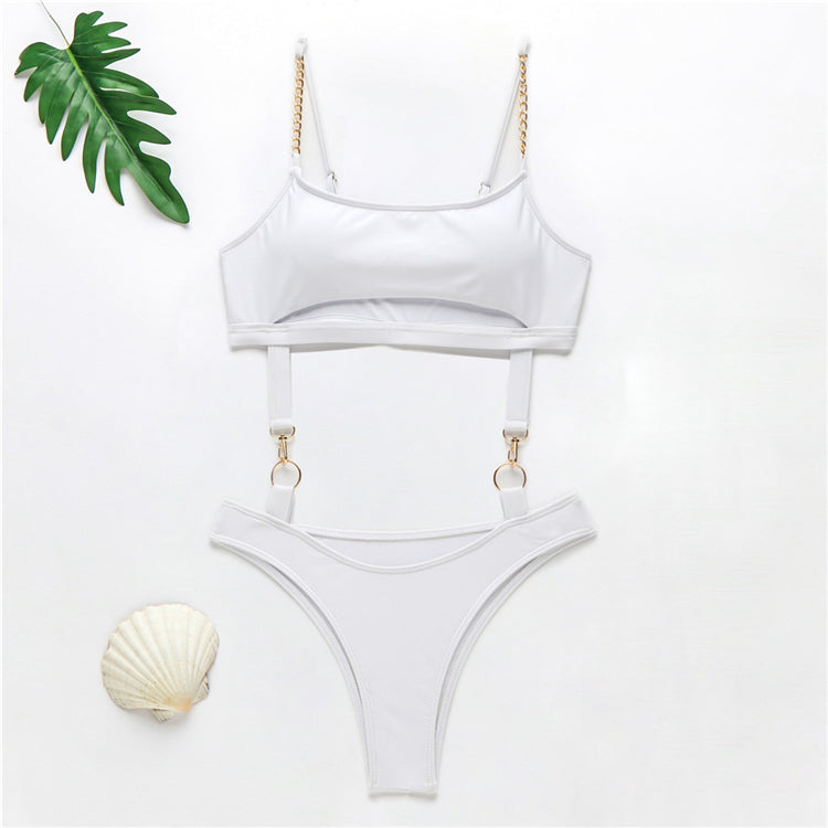 2022 Swimsuit White Chain Buckle Bikini White Sexy One Piece Swimwear Bathing Suits for Women baby magazin 
