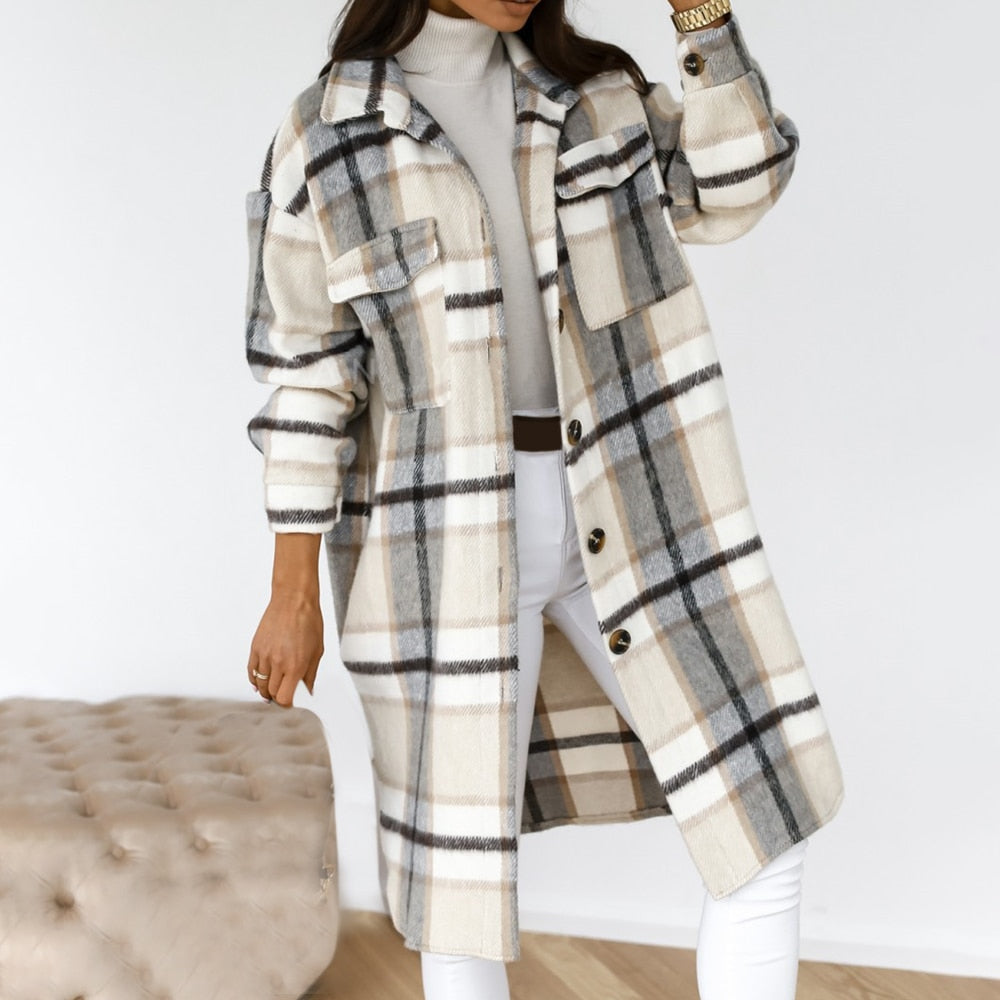 Autumn Winter Women Checked Jacket Casual Turn Down Collar Plaid Long Coat Female Oversized Thick Warm Woolen Blends Overcoat baby magazin 