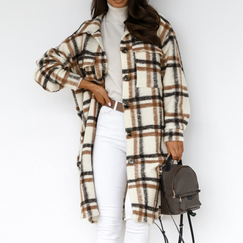 Autumn Winter Women Checked Jacket Casual Turn Down Collar Plaid Long Coat Female Oversized Thick Warm Woolen Blends Overcoat baby magazin 