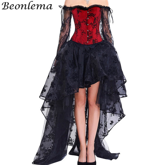 BEONLEMA Long Sleeve Lace Korset Sexy Black Gothic Dress Hot Red Bustier Set Steampunk Corset Clothing Women Plus Size Corset baby magazin 