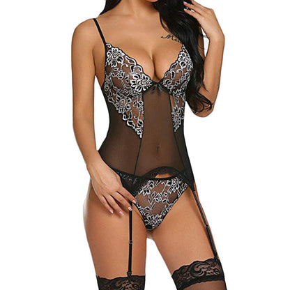 Babydoll Erotic Sexy Lingerie Women Embroidery Lace Bodysuit Sexy Underwear with Garter Sexi Teddies Corset Porno Langerie Mujer baby magazin 