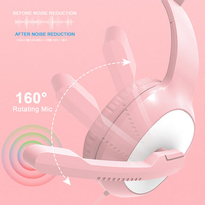 Cat Ear Cute Girl Gaming Headset With Mic Noise Reduction Stereo Music RGB Flash Light Wired Headphone baby magazin 