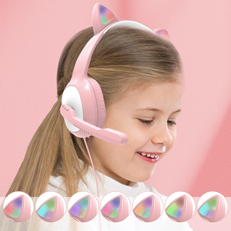 Cat Ear Cute Girl Gaming Headset With Mic Noise Reduction Stereo Music RGB Flash Light Wired Headphone baby magazin 