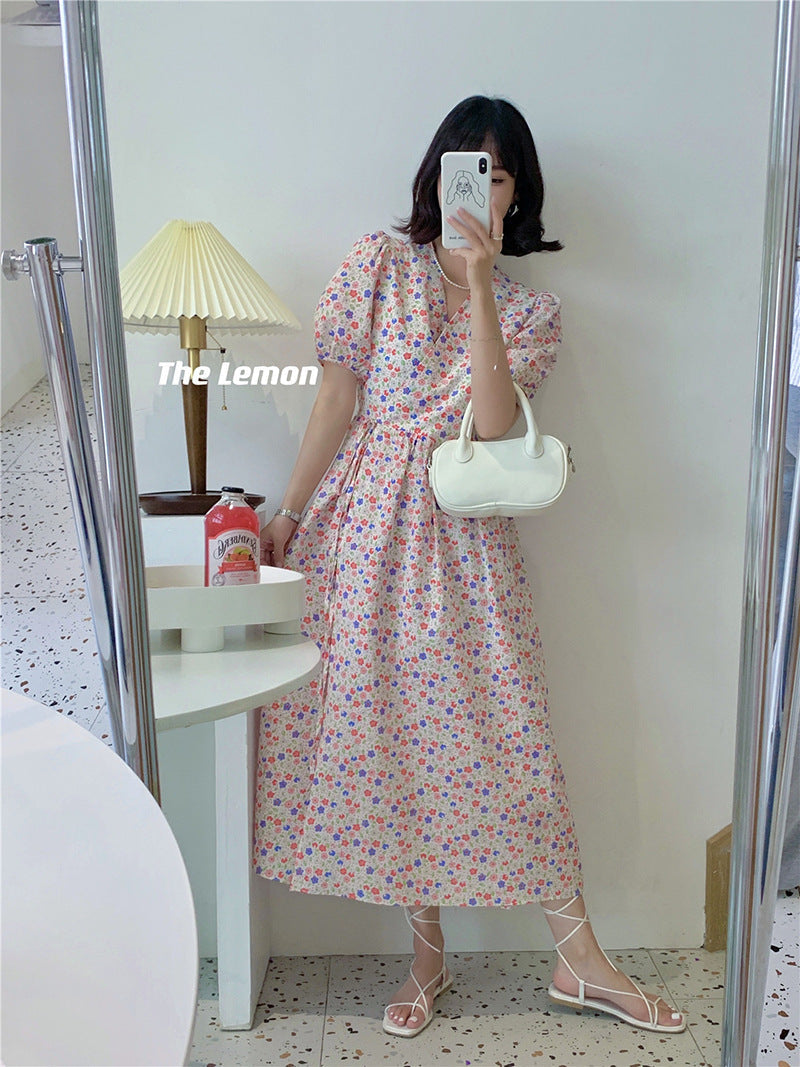 Clearance non-returnable new chiffon dress high waist short-sleeved V-neck mid-length floral high-quality over-the-knee dress baby magazin 