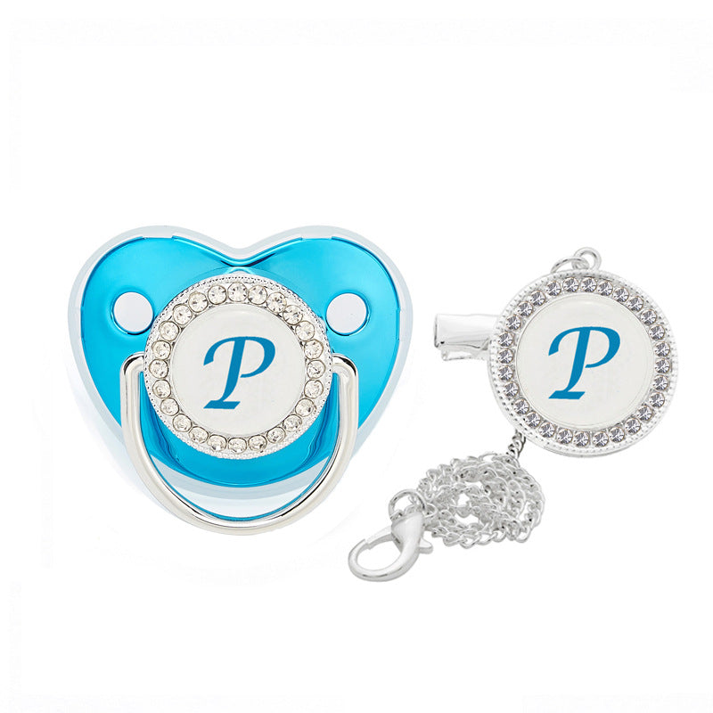 Cross-border hot sale 26 letters series blue baby dot diamond pacifier baby diamond soothing mouth with letter clip baby magazin 