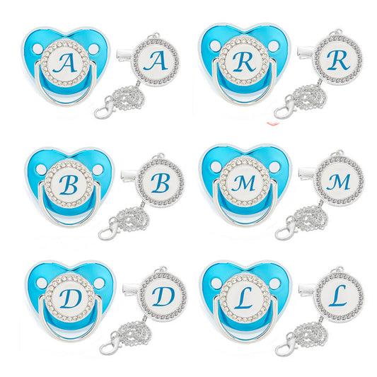 Cross-border hot sale 26 letters series blue baby dot diamond pacifier baby diamond soothing mouth with letter clip baby magazin 