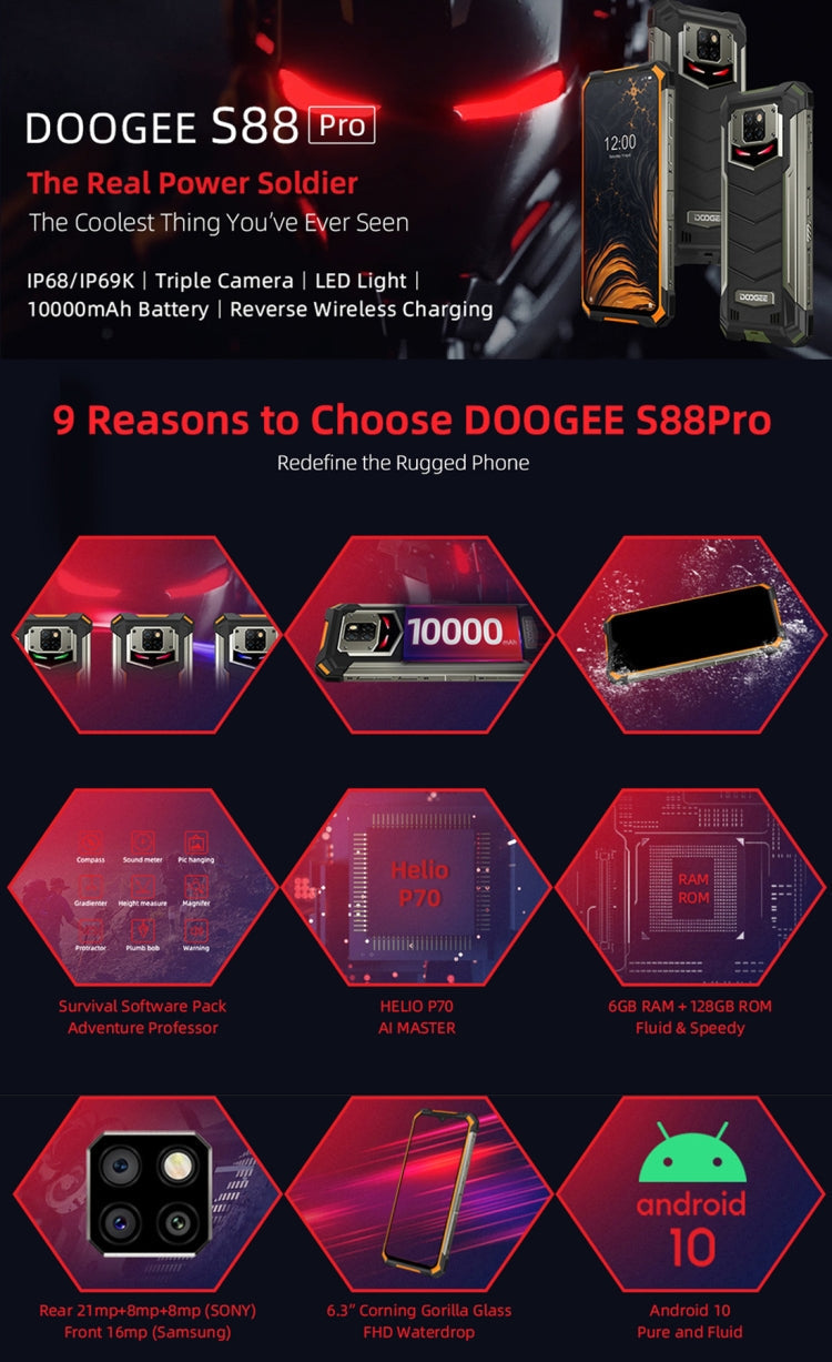 DOOGEE S88 Pro IP68 / IP69K WaterProof 6.22 inch Rugged Phone, 6GB+128GB, 10000mAh Battery 6.3 inch 4G, NFC, Wireless Charging baby magazin 
