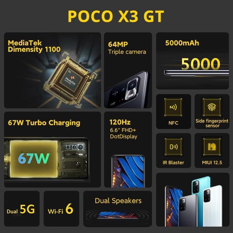 Dropshipping Original POCO X3 GT 8GB 128GB NFC Global Version 6.6" MTK Dimensity 1100 5000mAh 64MP Pocophone Mobile Phone baby magazin 