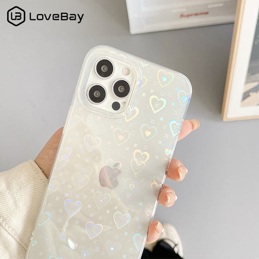 Fashion Gradient Laser Love Heart Pattern Clear Phone Case For iPhone 11 12 13 Pro Max X XS XR 7 8 Plus SE 2020 Shockproof Back baby magazin 
