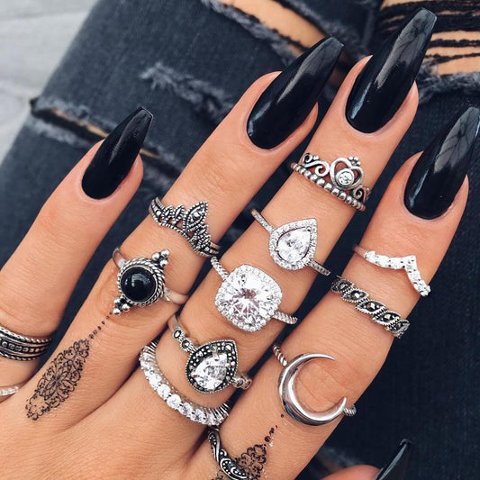 Vintage Women crystal Finger Knuckle Rings Set For Girls Moon lotus Charm Bohemian Ring Fashion Jewelry Gift - baby magazin 