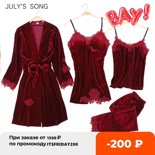JULY'S SONG Women Winter Velvet 4 Piece Sexy Pajamas Set  Dressing Gown Lace Sling  Shorts Warm Robe Sleepwear Woman Pajamas baby magazin 