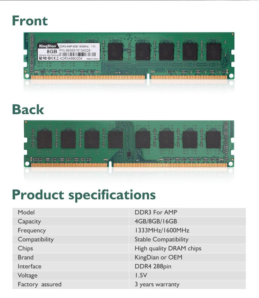 KingDian Stable Compatibility Computer Ram 8gb Ram Memory Ddr3 1600mhz For AMD AMP baby magazin 