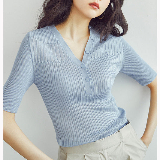 Knit short-sleeved female summer thin model 2021 new V-neck repair Korean counters sweater tip T-shirt baby magazin 