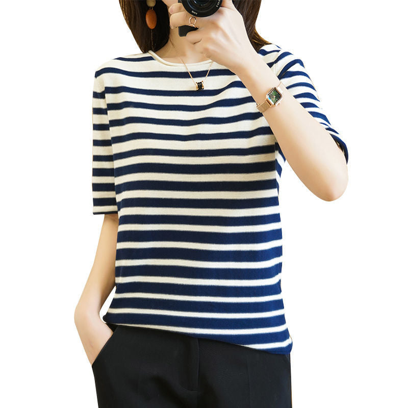 Korean summer age aging round neck cotton knit short-sleeved loose striped casual sunscreen top baby magazin 