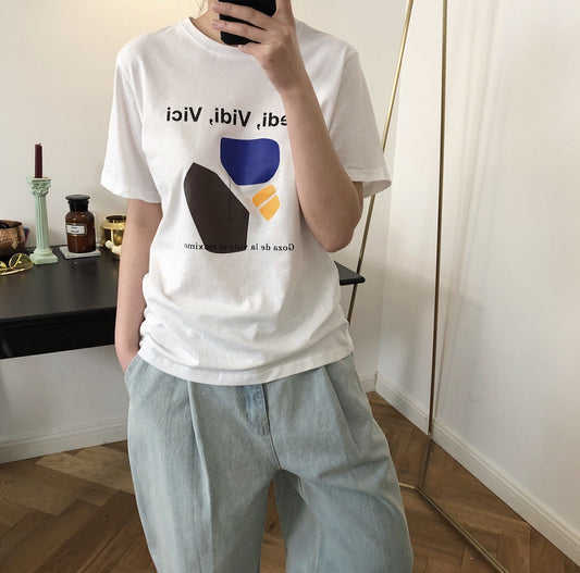Lubei summer new Korea Chic simple abstract map round neck print t-shirt short sleeve design comfortable clothes women baby magazin 