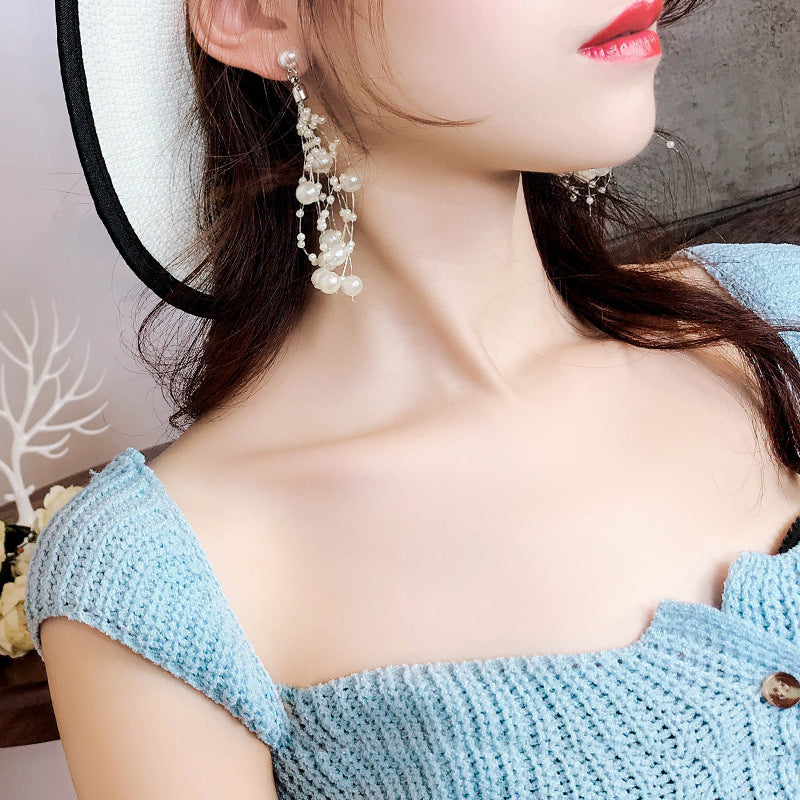 Multi-pearl tassel size bead fish line earrings personality wild temperament long earrings Korean fashion ear baby magazin 