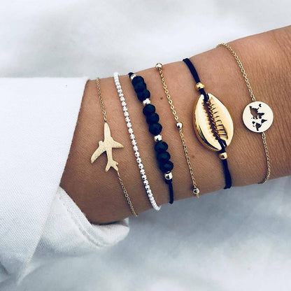 New Bohemian Black Rope Chain Bracelet Set For Women aircraft Shell Moon Heart crystal Charm Bangle Boho Jewelry baby magazin 