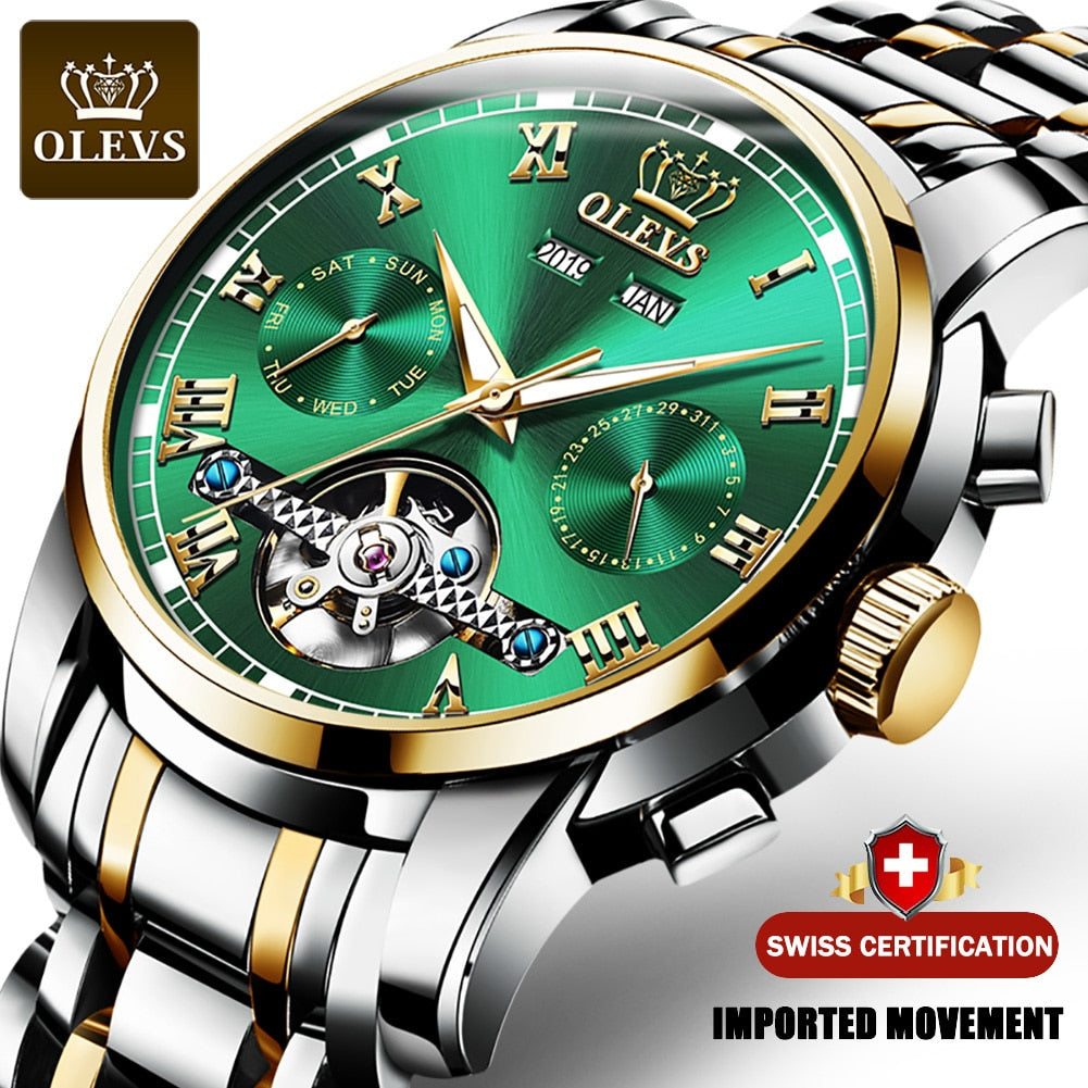 OLEVS Automatic Mechanical Men Watches Stainless Steel Waterproof Date Week Green Fashio Classic Wrist Watches Reloj Hombre baby magazin
