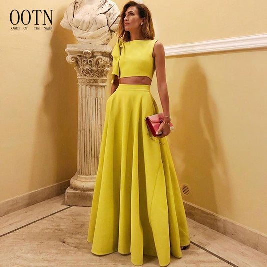 OOTN Elegant Summer 2022 Cropped Tops One Short Sleeve High Waist Pleated Midi Skirts 2 Piece Set Women Yellow Suits With Skirt baby magazin 