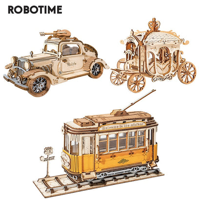 Robotime 3 Kinds DIY 3D Transportation Wooden Model Building Kits Vintage Car Tramcar Carriage Toy Gift for Children Adult baby magazin 