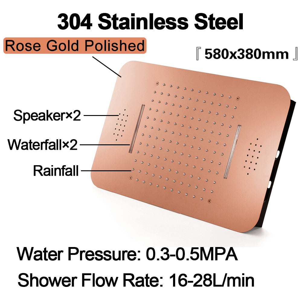 Rose Gold 64 color change led shower head spa rain music control thermostatic shower system baby magazin 