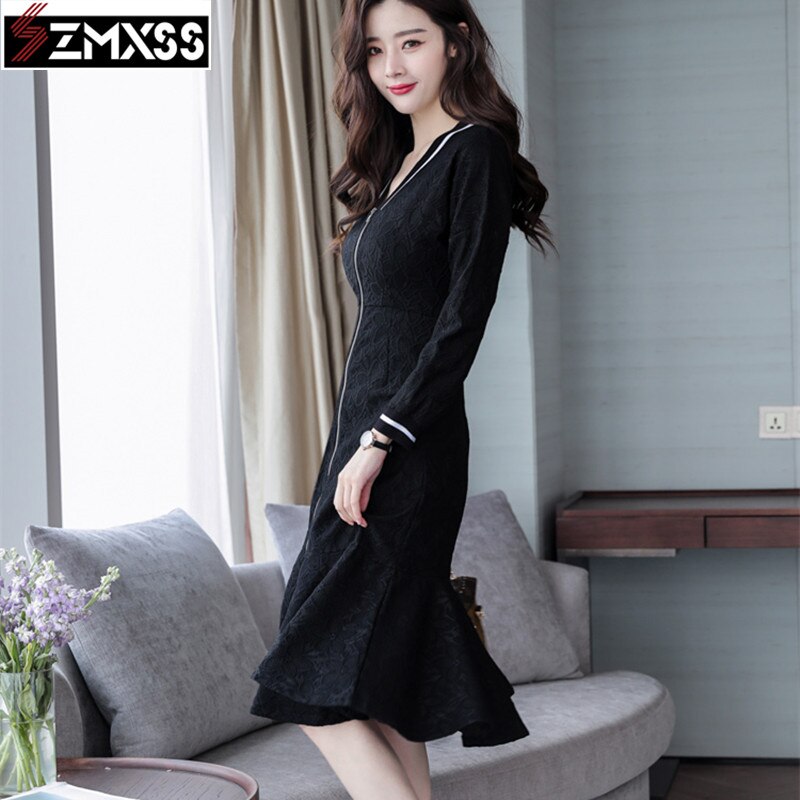 SZMXSS 2019 Korean Version Autumn New Women's Clothing V-Neck Pleated Slim Printed Pencil Dress Long-Sleeved Mini Dresses baby magazin 