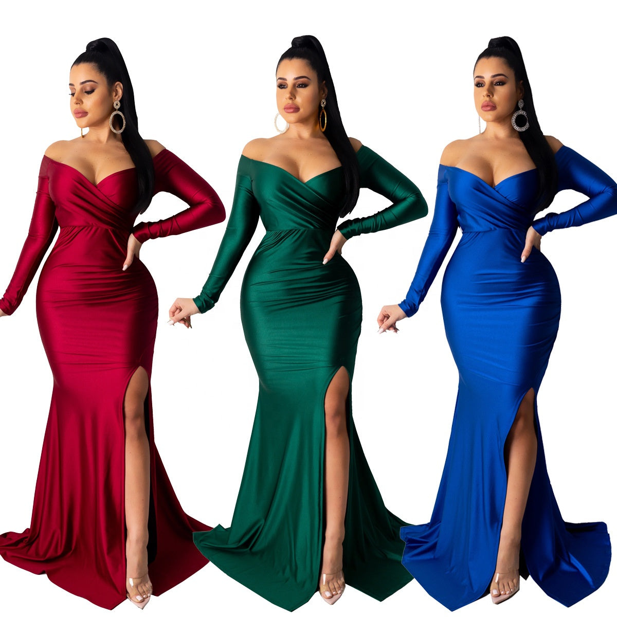 Sexy Nightclub Maxi Dress V-Neck Solid Color Long Sleeves Big Long Slit Dress Party Evening Dress baby magazin 