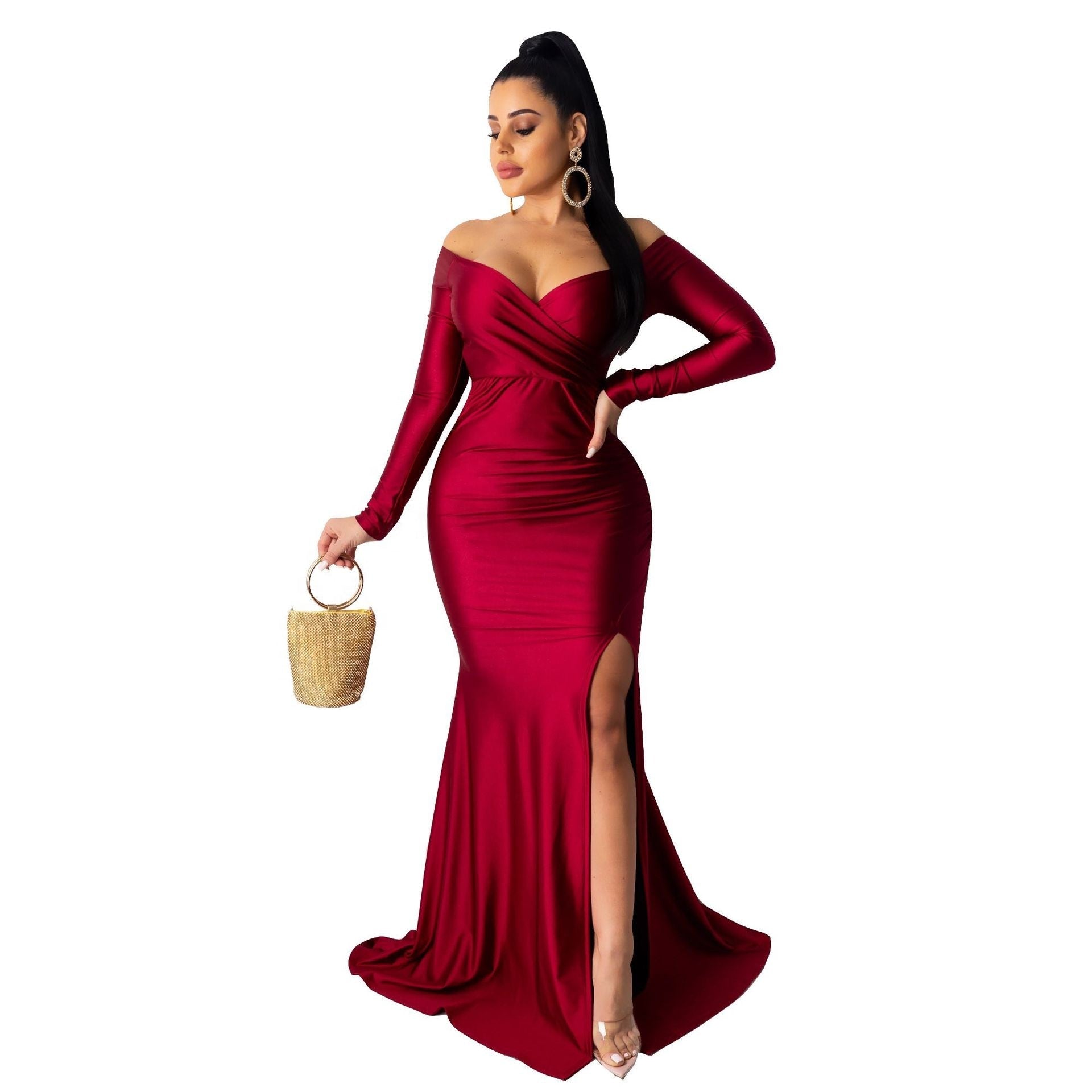 Sexy Nightclub Maxi Dress V-Neck Solid Color Long Sleeves Big Long Slit Dress Party Evening Dress baby magazin 