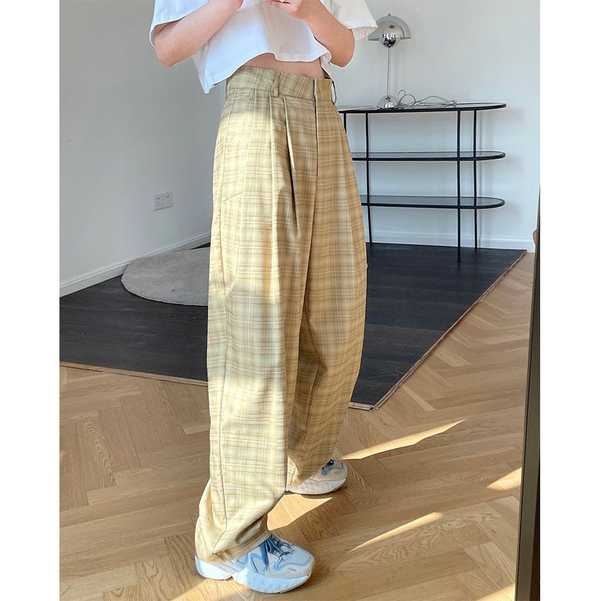 Spring and summer new European and American retro trendy grille high waist wide pants loose vertical cool radish trousers trousers women baby magazin 
