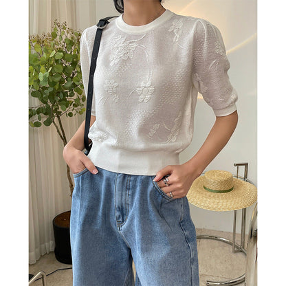 Spring and summer new Korean Wen soft trendy jacquard short-sleeved knit T-shirt loose slim high waist short comfort dress female baby magazin 
