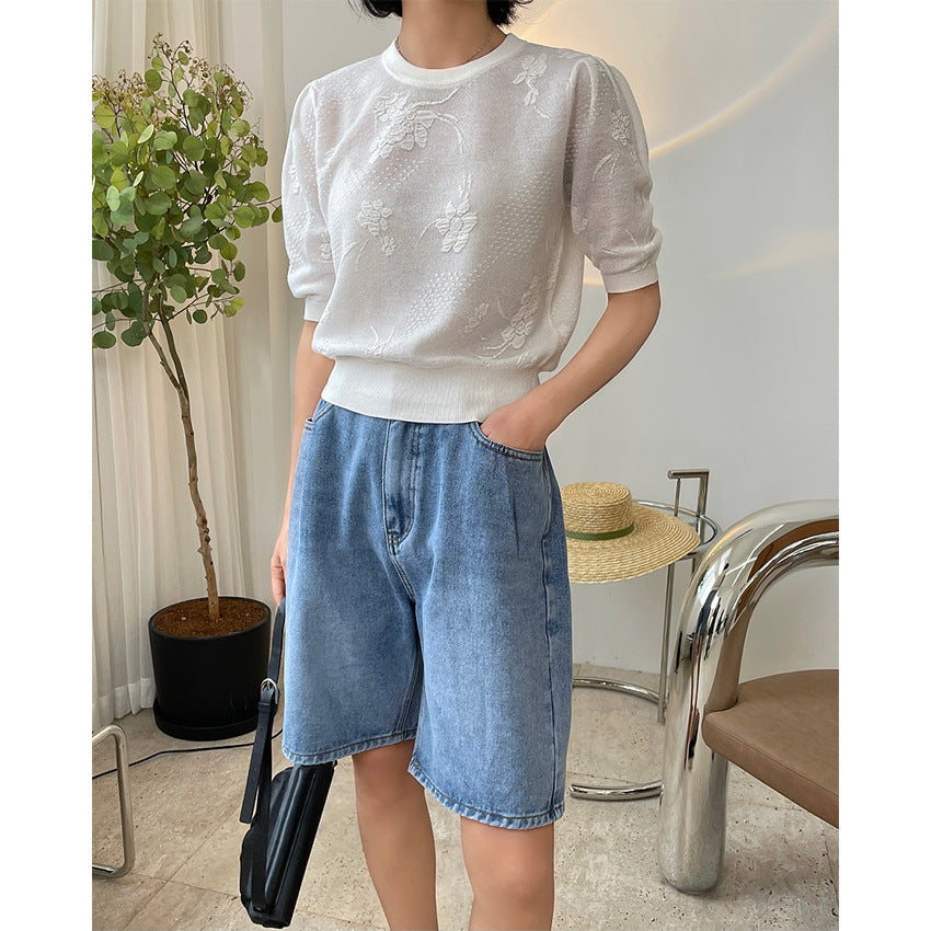 Spring and summer new Korean Wen soft trendy jacquard short-sleeved knit T-shirt loose slim high waist short comfort dress female baby magazin 