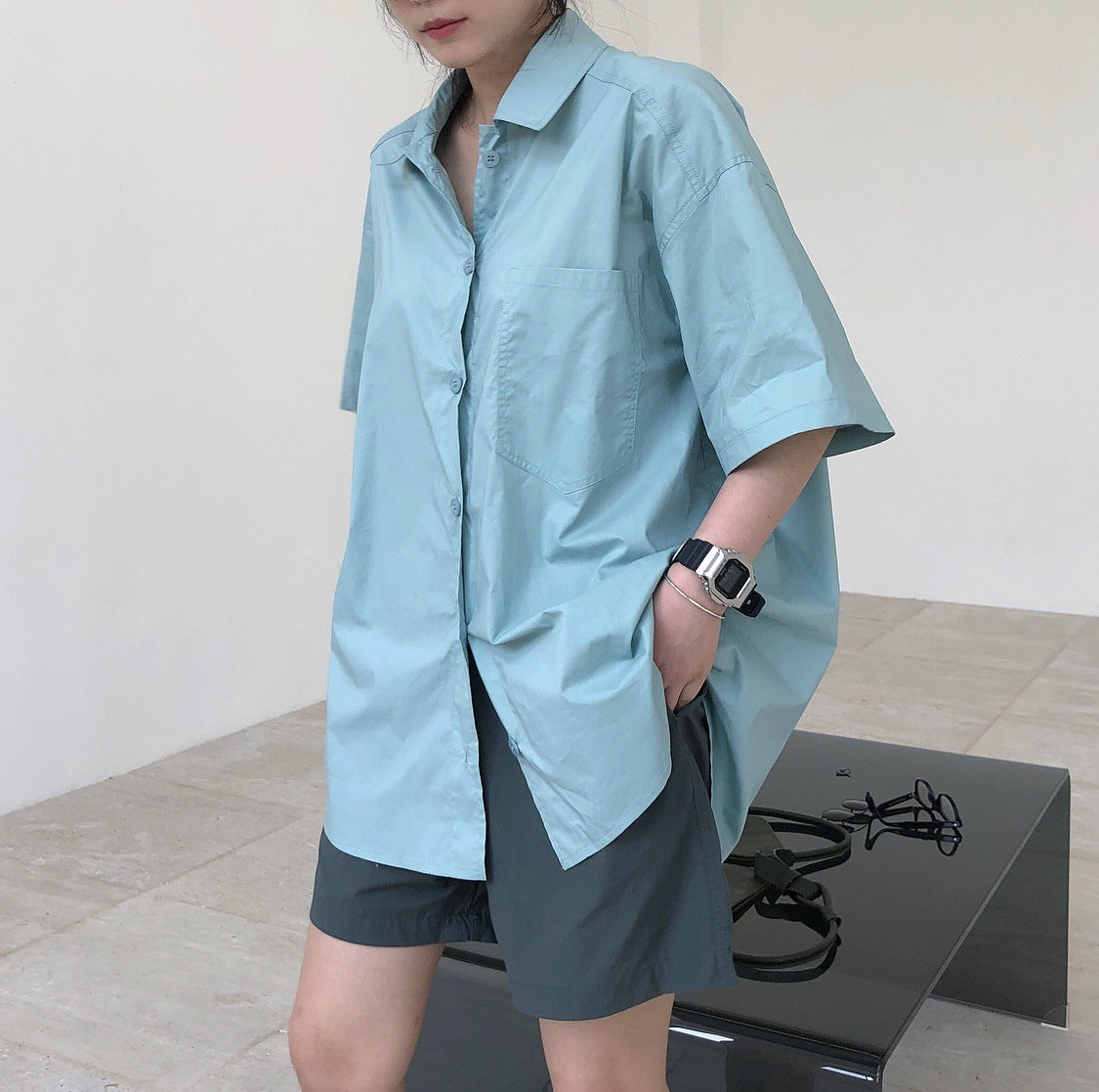 Summer new Korean version of the retro hipster BF lapel shirt short-sleeved loose thin fashion contour comfortable clothes women baby magazin 