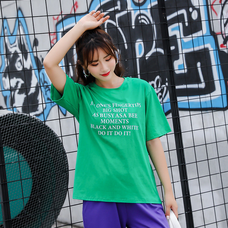 Veilla Korean version of purple upper female cotton T-shirt short sleeve round neck loose letter cotton solid color bottoming shirt baby magazin 