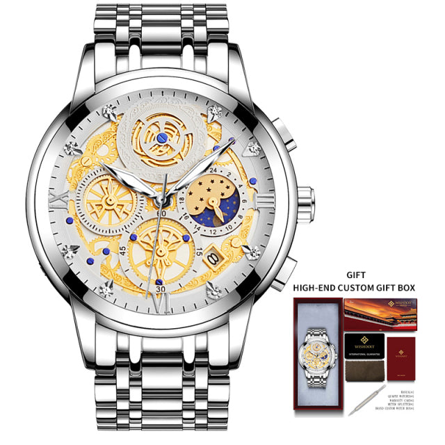 WISHDOIT Original Watch for Men&#39;s Waterproof Stainless Steel Quartz Analog Fashion Business Sun Moon Star Wristwatches Top Brand baby magazin 